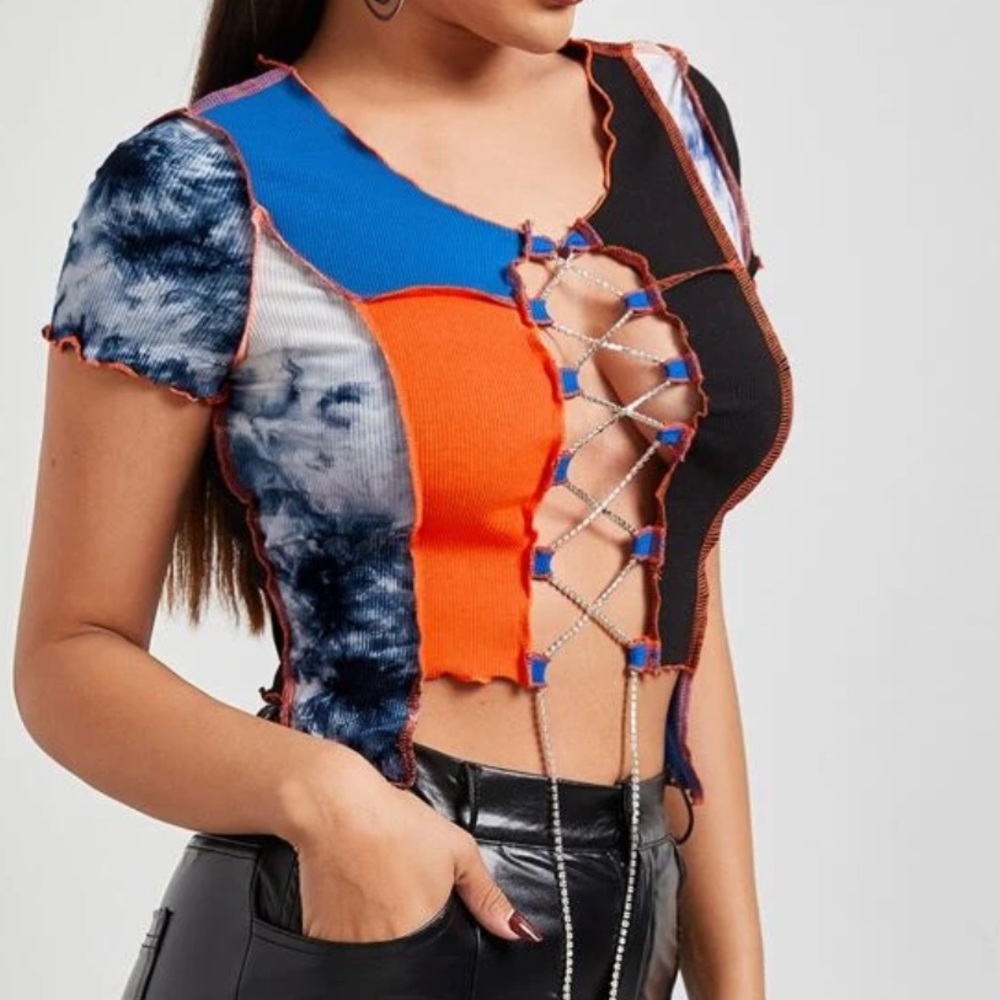Lace up color block top size L